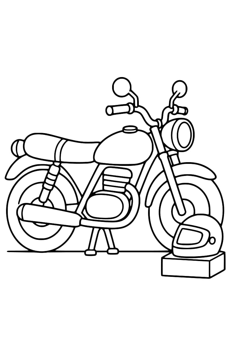 Dessin au trait noir d’une moto vue de profil, avec deux rétroviseurs et un phare rond, et d’un casque posé sur un socle rectangulaire près de la roue avant.