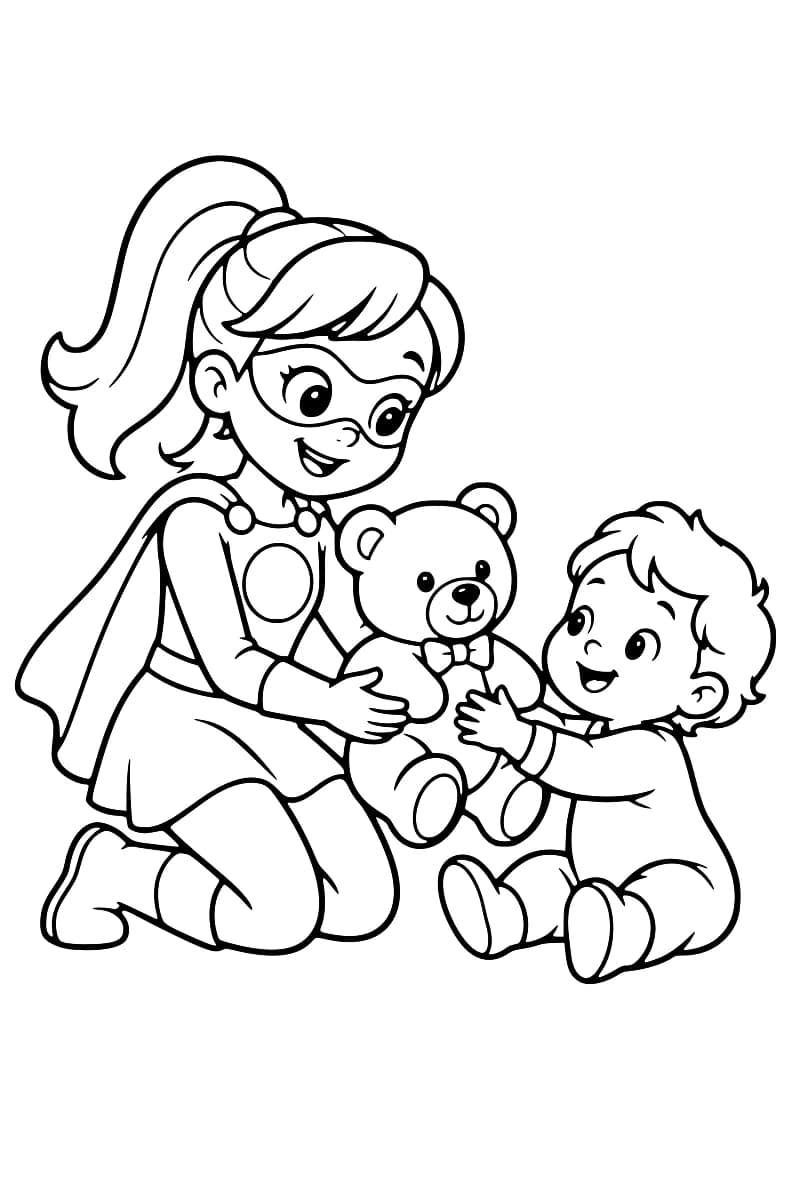 Dessin en noir et blanc d’une super-héroïne masquée avec une cape, agenouillée face à un tout-petit souriant qui tend les mains vers un ours en peluche.