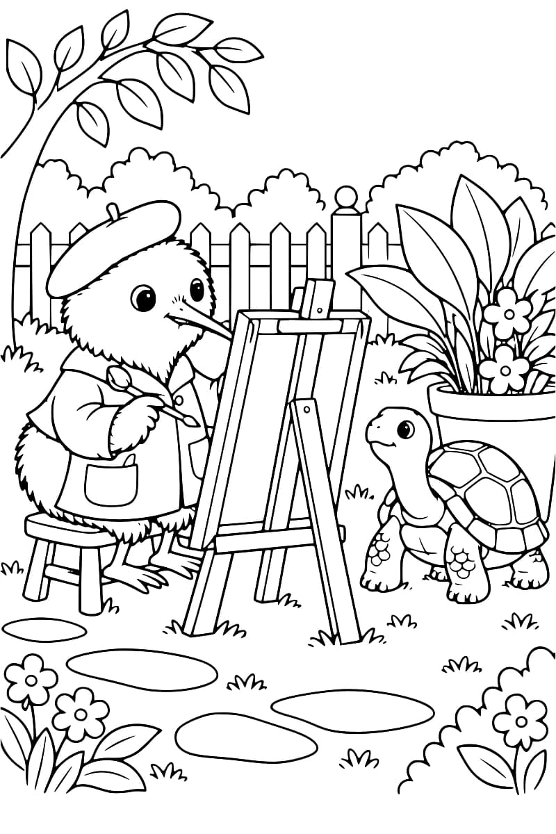 Dessin à colorier d’un oiseau en béret et blouse, assis sur un tabouret avec un pinceau devant un chevalet vu de dos, face à une tortue près d’une grande plante en pot, dans un jardin entouré d’une clôture.