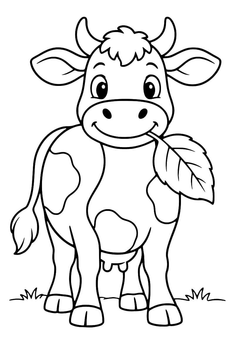 Dessin en noir et blanc d’une vache de face, avec des cornes, de grandes oreilles, un pelage à taches et une queue sur le côté, tenant une grande feuille dans sa bouche.