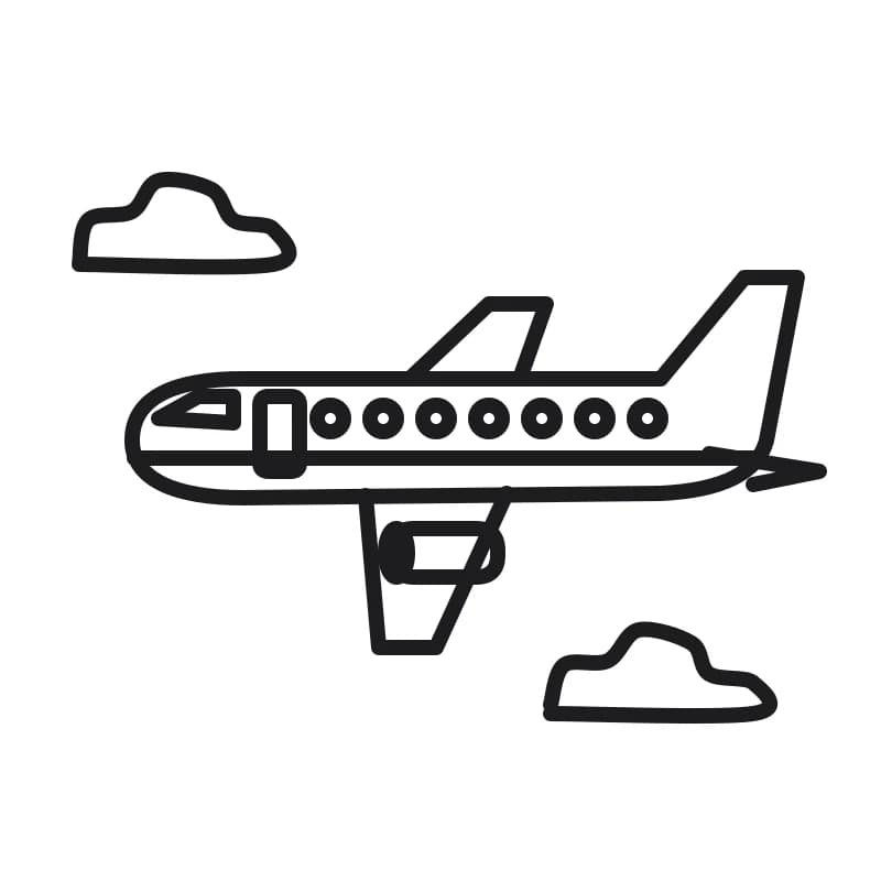Dessin au trait noir sur fond blanc d’un avion au nez arrondi, avec ailes, dérive, moteur, cockpit, hublots, porte et bande latérale, entouré de nuages.