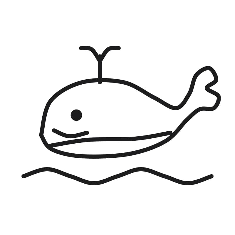 Dessin en noir et blanc d’une baleine au corps rond, avec une queue relevée, un ventre courbe, un œil, un grand sourire, un jet d’eau et des vagues.