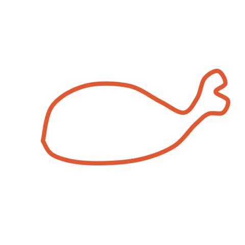 Étape 1 : Dessine un gros rond au milieu de la feuille, plus fin à droite, avec une queue qui remonte.