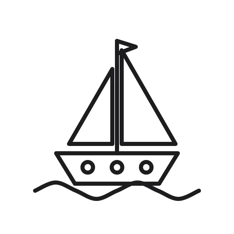 Dessin en noir et blanc d’un bateau à coque allongée, avec un mât, deux voiles triangulaires, un petit drapeau, des fenêtres rondes et des vagues.