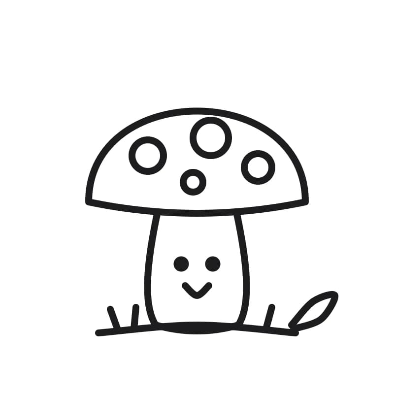 Dessin en noir et blanc d’un champignon au grand chapeau rond à pois, avec un pied ovale souriant, des traits d’herbe et une petite feuille.