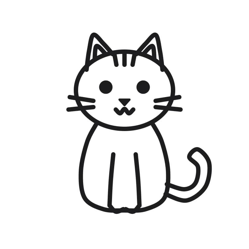 Dessin en noir et blanc d’un chat à tête ovale, oreilles pointues, corps en poire, deux pattes avant arrondies et longue queue enroulée. Yeux ronds, nez triangulaire, bouche en W, moustaches et trois rayures sur le front.