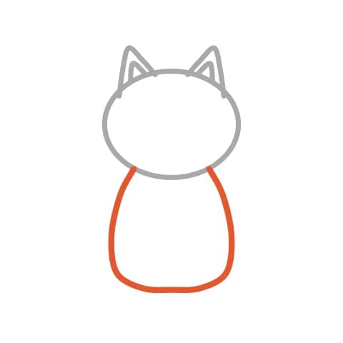 Étape 3 : Sous la tête, trace le corps avec une grande courbe en forme de poire, étroite en haut et large en bas.