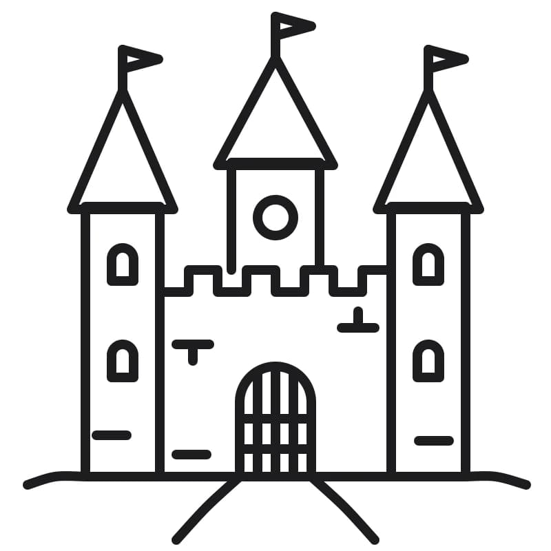 Dessin en noir et blanc d'un château fort avec deux tours à toits pointus, un mur crénelé, un donjon central, trois drapeaux, une porte à herse et un chemin entre des collines.