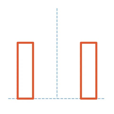 Étape 2 : Dessine deux grands rectangles verticaux posés sur le sol, un de chaque côté de la ligne centrale, pour former les tours.