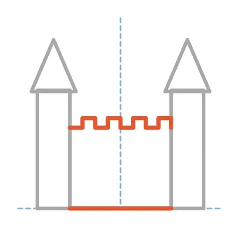 Étape 4 : Relie les tours par un mur rectangulaire moins haut, puis dessine des créneaux carrés le long de son bord supérieur.