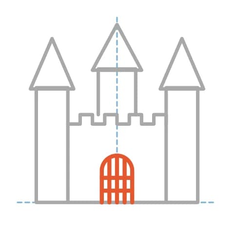 Étape 6 : Au centre du mur, trace une grande porte au sommet arrondi, puis quadrille son ouverture de traits verticaux et horizontaux pour représenter la herse.