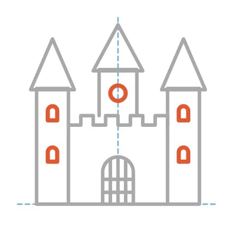 Étape 7 : Dessine des fenêtres étroites au sommet arrondi dans les deux tours, puis une fenêtre ronde au centre du donjon.