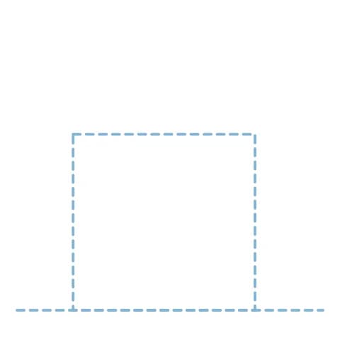 Étape 1 : Trace légèrement un rectangle aussi haut que large pour y placer le cheval, puis un trait horizontal pour le sol.