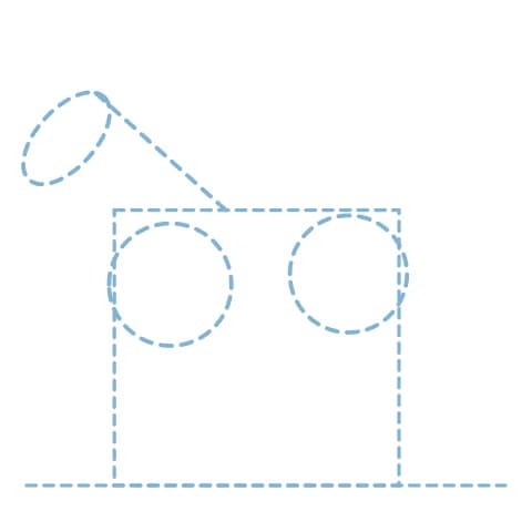 Étape 2 : Place légèrement deux ronds pour le poitrail ample et l’arrière-train, un triangle allongé pour la tête relevée et un trait pour l’encolure.