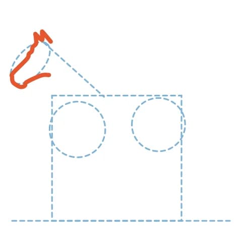 Étape 3 : Précise la tête triangulaire : front, chanfrein droit, museau aux courbes douces et mâchoire ronde, puis ajoute deux oreilles pointues.