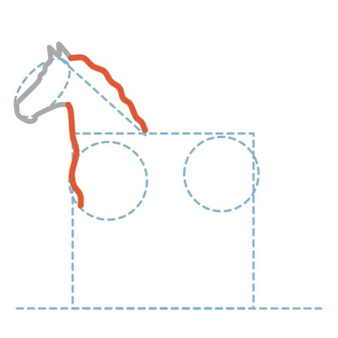 Étape 4 : Trace une courbe devant l’encolure jusqu’au poitrail, puis le contour supérieur de la crinière jusqu’au garrot, à la base de l’encolure.