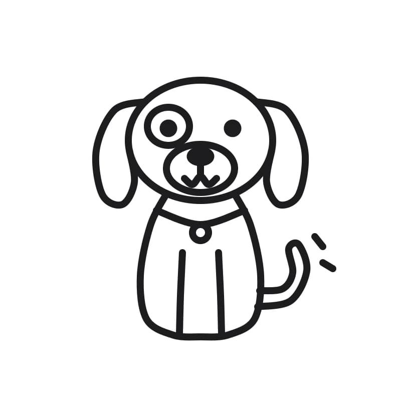 Dessin en noir et blanc d’un chien à tête ronde, oreilles tombantes, grosse truffe, tache autour d’un œil, collier à médaille ronde et queue en mouvement.