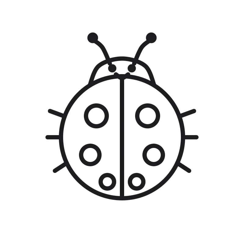 Dessin en noir et blanc d’une coccinelle au corps rond, avec deux ailes à pois, une tête souriante, deux yeux, deux antennes et six pattes.