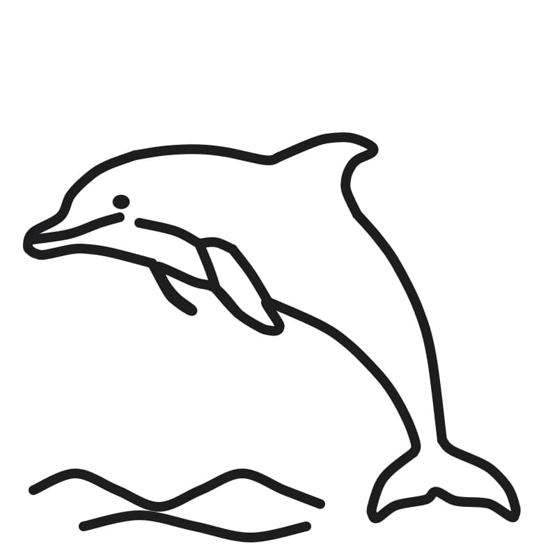 Dessin en noir et blanc d’un dauphin bondissant au-dessus de vagues, avec un bec court, un œil rond, un sourire et une queue à deux lobes.