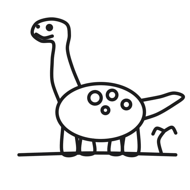 Dessin en noir et blanc d’un dinosaure souriant au corps ovale, avec un long cou, une tête ronde, une longue queue, quatre pattes courtes et des taches rondes sur le dos, près d’une petite plante.