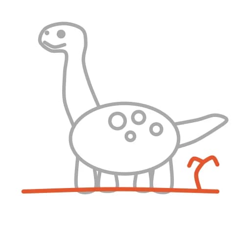 Étape 7 : Sous les pattes, trace un trait pour le sol, puis une petite plante à côté avec une tige et deux feuilles ovales.