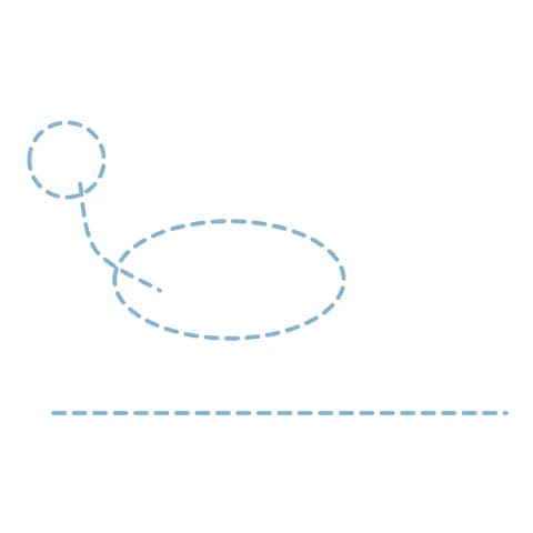 Étape 1 : Trace légèrement un long ovale au centre pour le corps, un rond au-dessus pour la tête, une courbe pour le cou et un trait au sol.