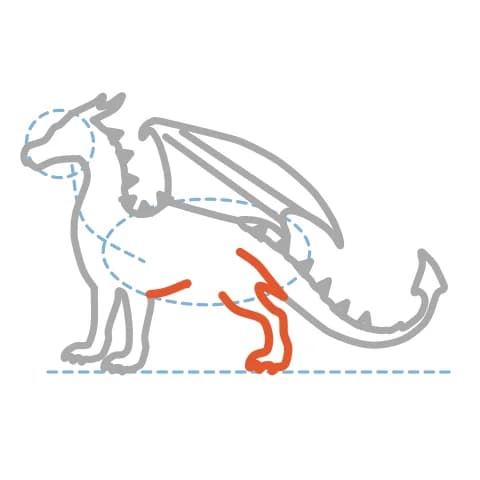 Étape 10 : Trace la courbe du ventre, puis dessine la patte arrière au premier plan avec une grosse cuisse arrondie et des traits articulés.