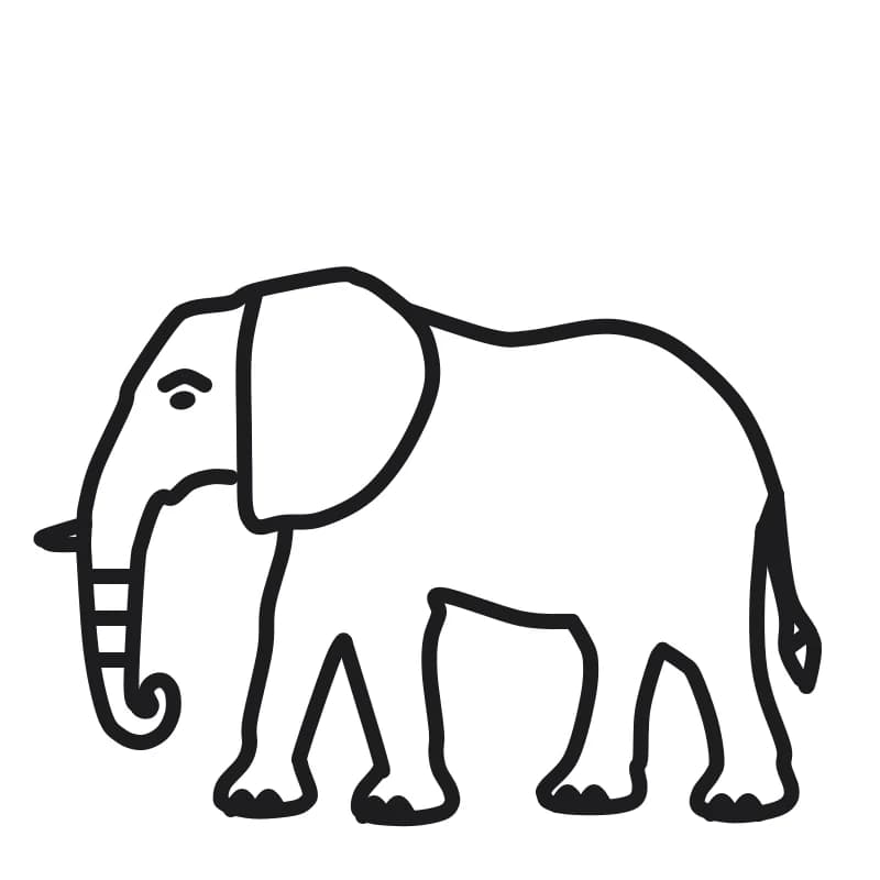 Dessin en noir et blanc d’un éléphant de profil, avec trompe recourbée, défense pointue, grande oreille, quatre pattes, queue à touffe et plis dessinés.