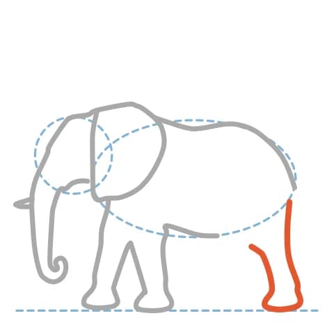 Étape 9 : Sous l’arrière du corps, dessine la patte arrière au premier plan, avec une courbe marquant le genou et un pied arrondi.