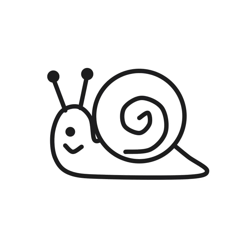 Dessin en noir et blanc d’un escargot souriant, avec une grande coquille ronde en spirale, un corps allongé et une tête relevée à gauche portant deux antennes.