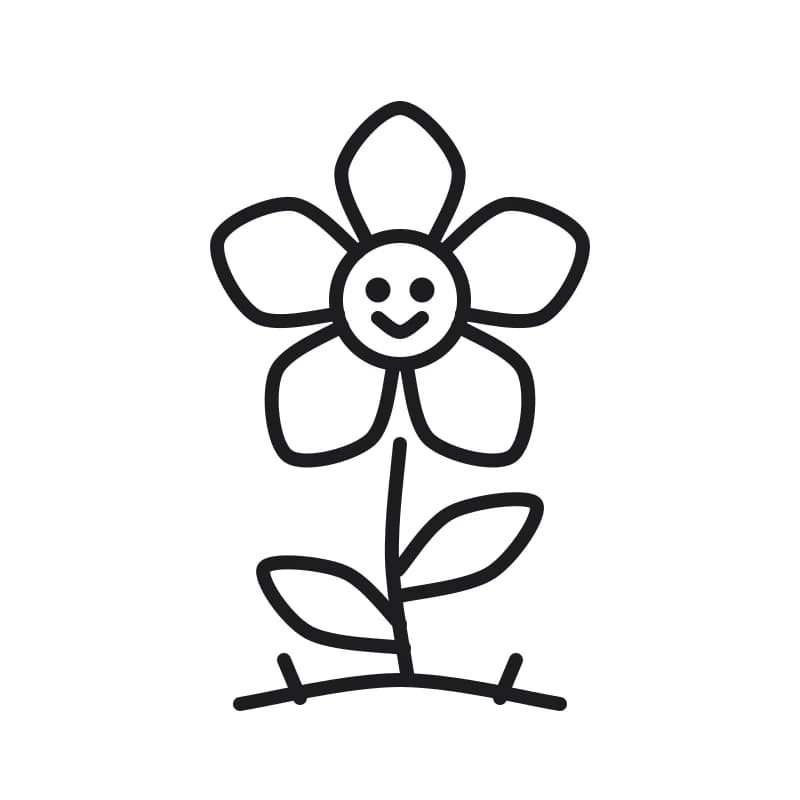 Dessin en noir et blanc d’une fleur souriante à cinq pétales ronds, avec une longue tige, deux feuilles ovales et de l’herbe au pied.