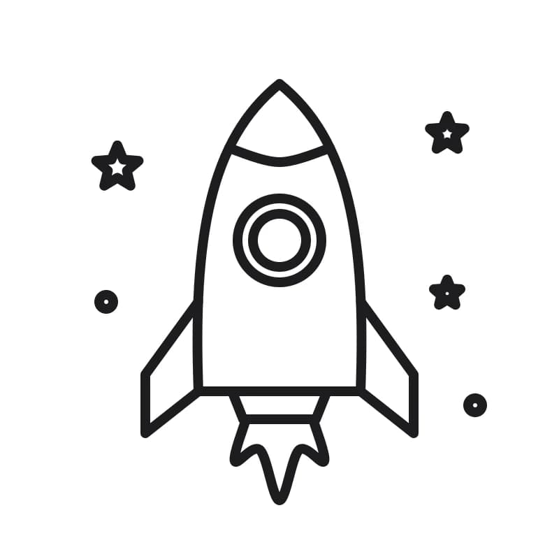 Dessin en noir et blanc d’une fusée pointue avec une bande, un hublot rond, deux ailerons triangulaires et une tuyère, de grandes flammes dessous et des étoiles autour.