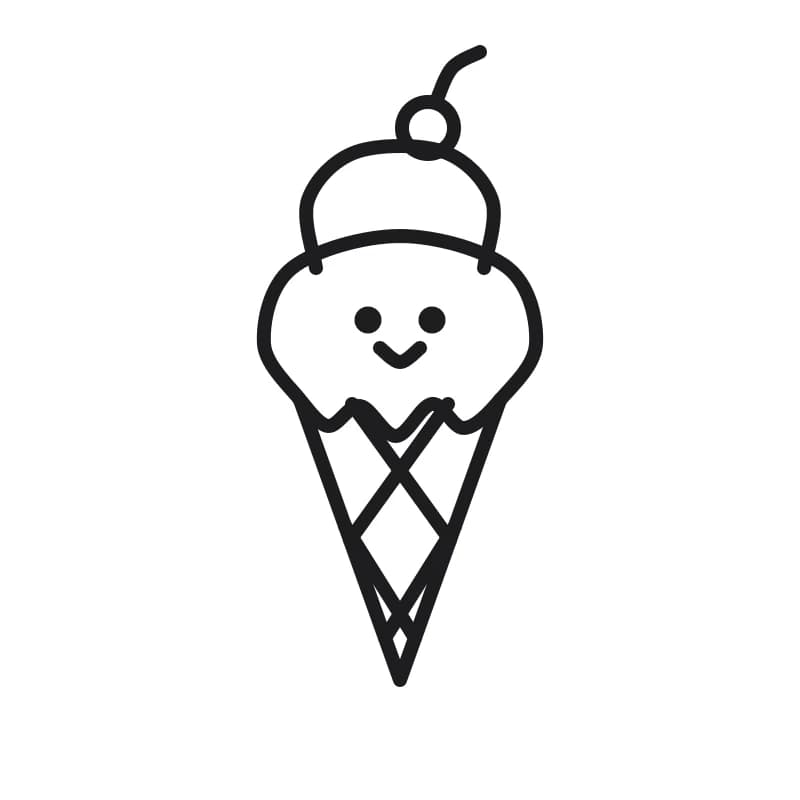 Dessin en noir et blanc d’une glace à deux boules sur un cornet quadrillé, avec une cerise au sommet et un visage souriant.