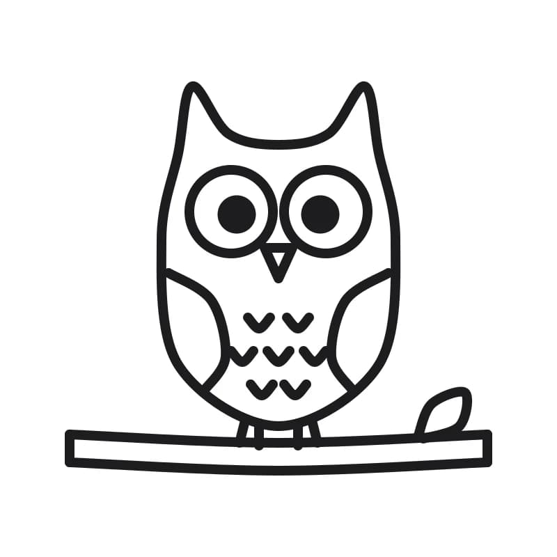 Dessin en noir et blanc d’un hibou au corps ovale, avec deux pointes sur la tête, de grands yeux ronds, des ailes et des pattes agrippées à une branche portant une feuille.