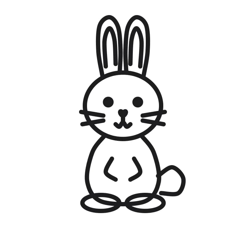 Dessin en noir et blanc d'un lapin à tête ronde, longues oreilles dressées, moustaches, corps rond, grands pieds, petites pattes avant et queue arrondie.