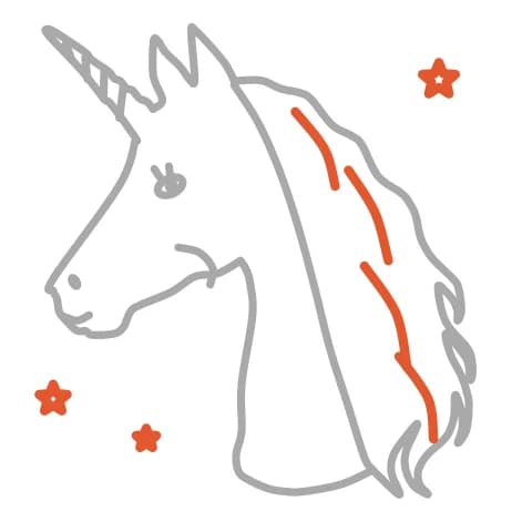 Étape 8 : Dans la crinière, trace quelques longues courbes pour les mèches, puis dessine de petites étoiles autour de la licorne.