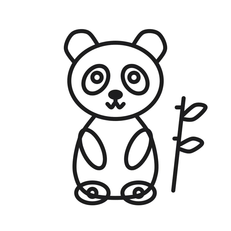 Dessin en noir et blanc d’un panda souriant, à tête ronde, oreilles rondes, taches ovales autour des yeux, bras devant le corps et grands pieds à coussinets, près d’une tige de bambou feuillue.