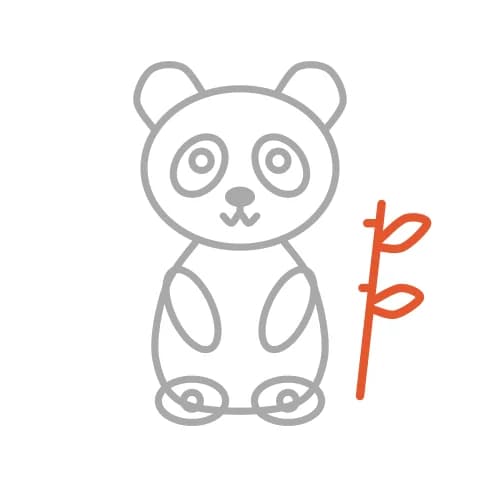 Étape 8 : À côté du panda, trace deux traits rapprochés pour une tige de bambou et ajoute des ovales pointus pour les feuilles.