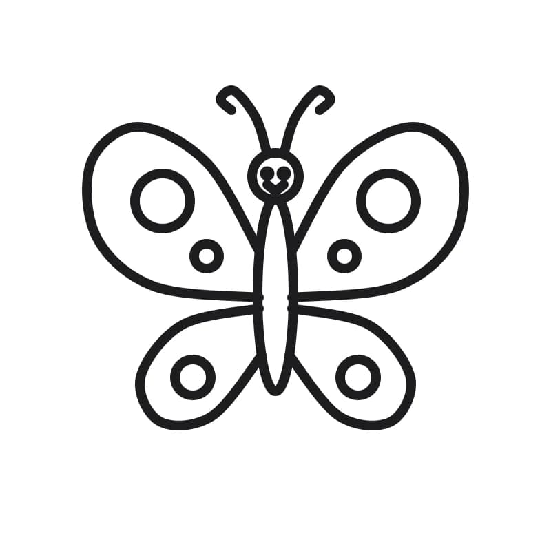 Dessin en noir et blanc d’un papillon souriant, au corps ovale, avec quatre ailes ornées de ronds et deux antennes bouclées.