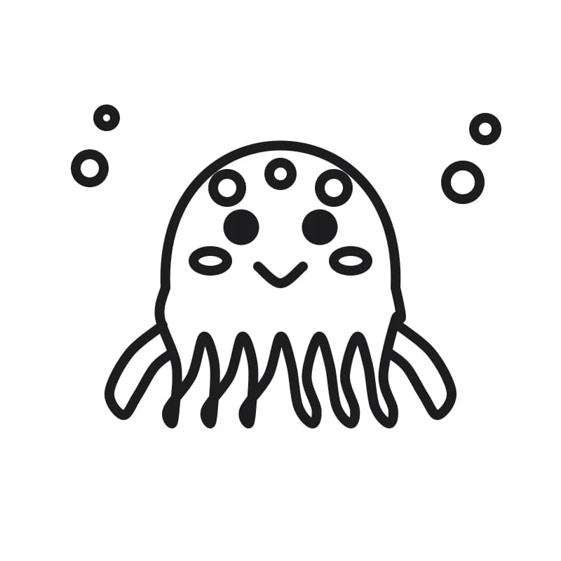 Dessin en noir et blanc d’une pieuvre à grande tête arrondie, huit pattes ondulées, deux grands yeux, un sourire, des taches rondes, des joues rondes et des bulles au-dessus.
