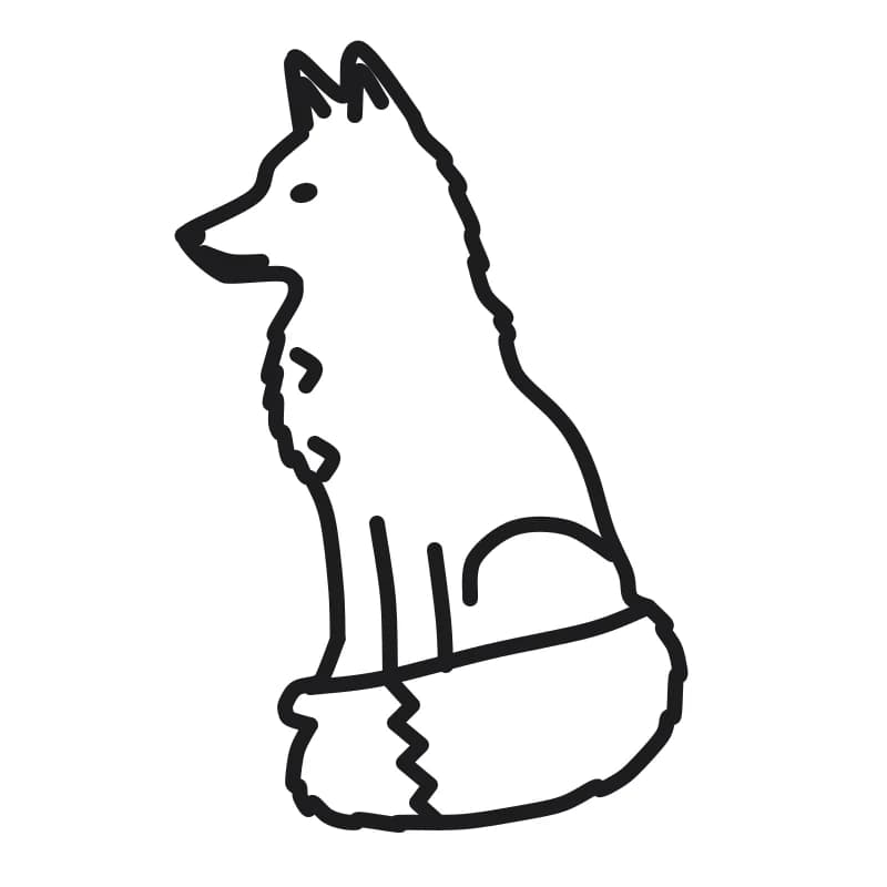 Dessin en noir et blanc d’un renard assis, au museau pointu et aux grandes oreilles, avec une queue touffue à pointe blanche enroulée autour des pattes.