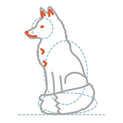 Étape 9 : Ajoute l’œil, précise le nez, trace la bouche et l’intérieur des oreilles, puis dessine quelques touffes de fourrure avec de petits traits pointus.