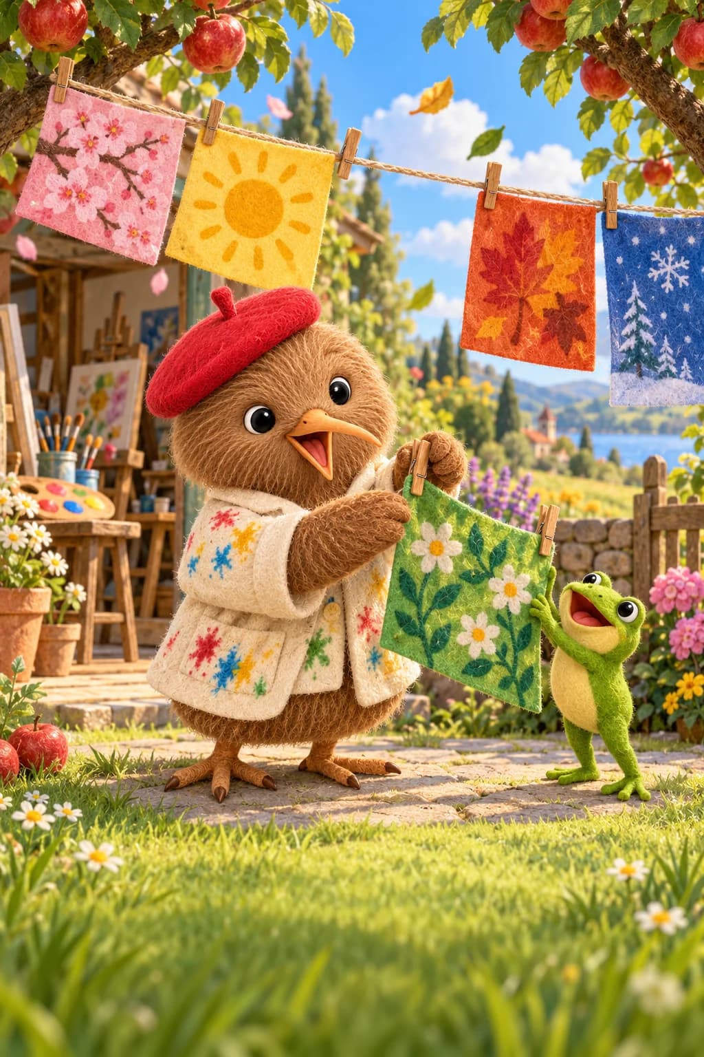Kiwi et Plic accrochent des chiffons colorés entre les branches d’un pommier, près de l’atelier.