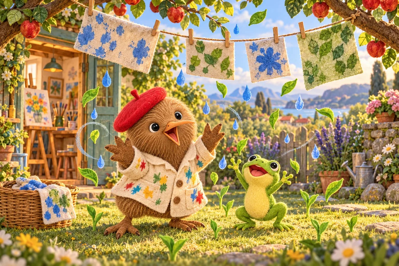 Kiwi, l’oiseau au béret rouge, et Plic, la grenouille, s’étirent sous les chiffons, entourés de gouttes et de pousses.