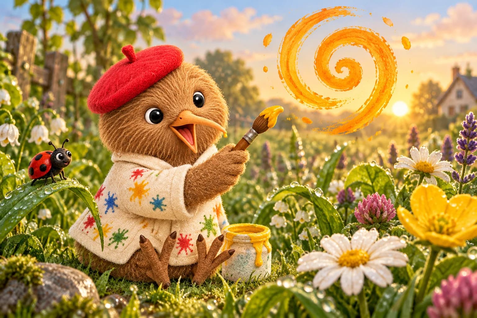 Avec son béret rouge de travers, Kiwi peint une spirale orange au-dessus des fleurs, pendant que Zia observe depuis une feuille.