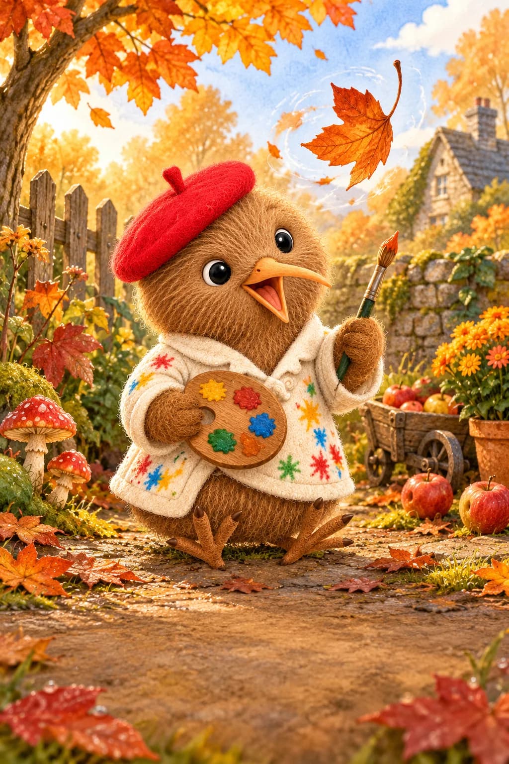 Kiwi observes a russet leaf twirling above his beak in a golden autumn garden.