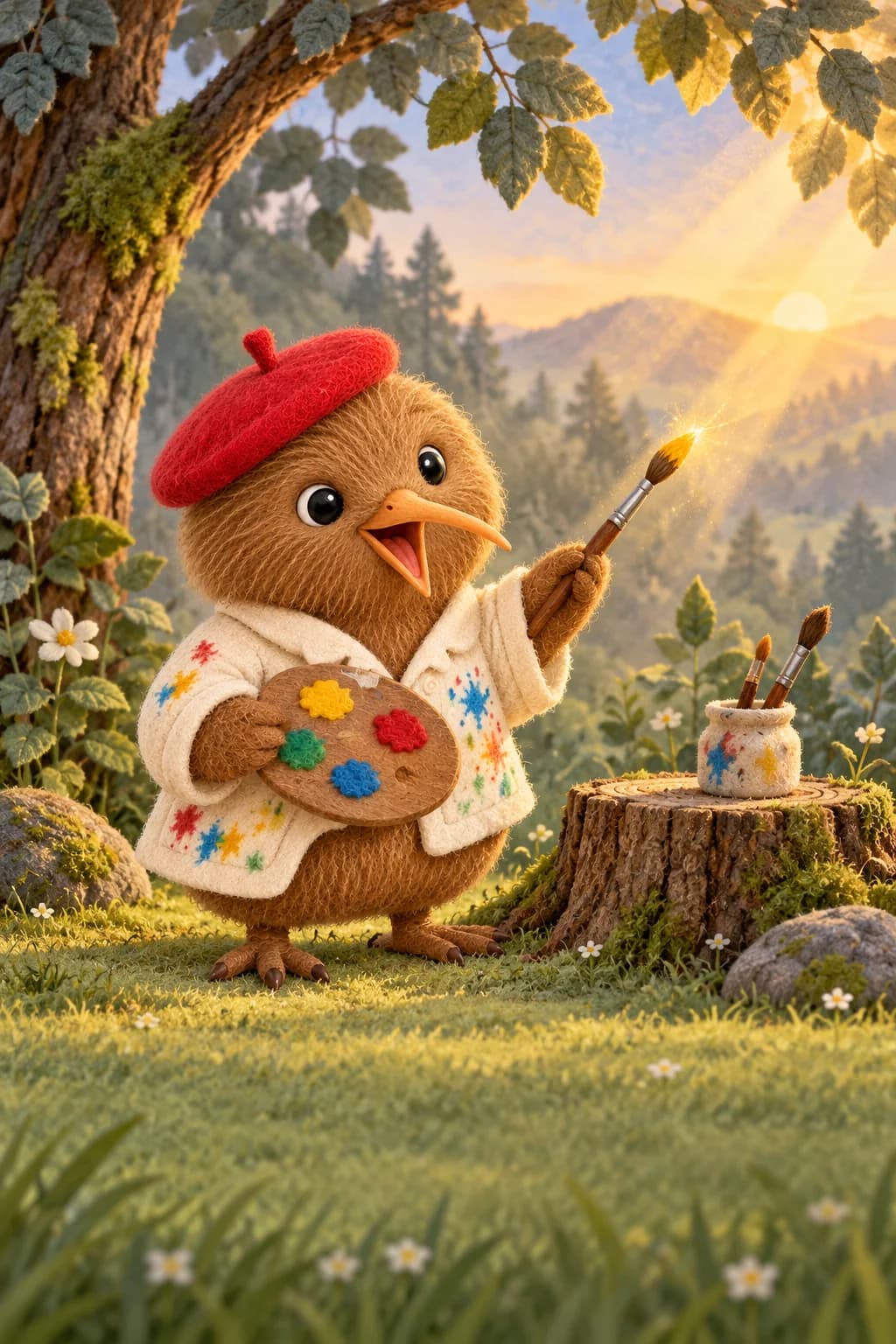Kiwi raises a paintbrush in a pale clearing as the first golden sunbeam touches the sleepy trees.
