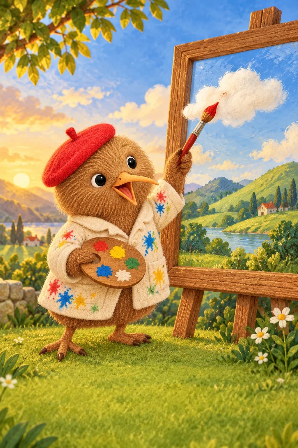 Kiwi reaches toward a small white cloud escaping from his painted landscape.