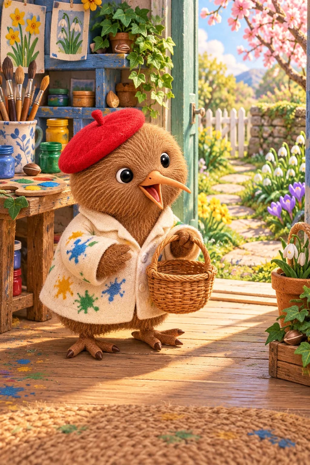 Kiwi tient un panier vide dans son atelier coloré, tandis qu’un chemin fleuri s’ouvre vers le jardin.