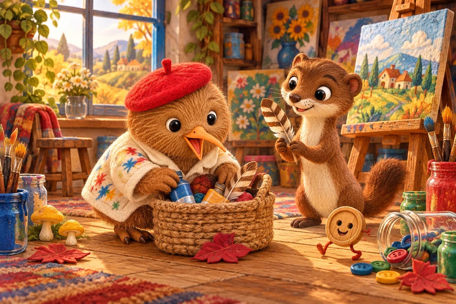 Dans l’atelier coloré, Kiwi cherche près d’un panier tandis que Zoé tient une plume rayée et Nestor roule près d’un pot.